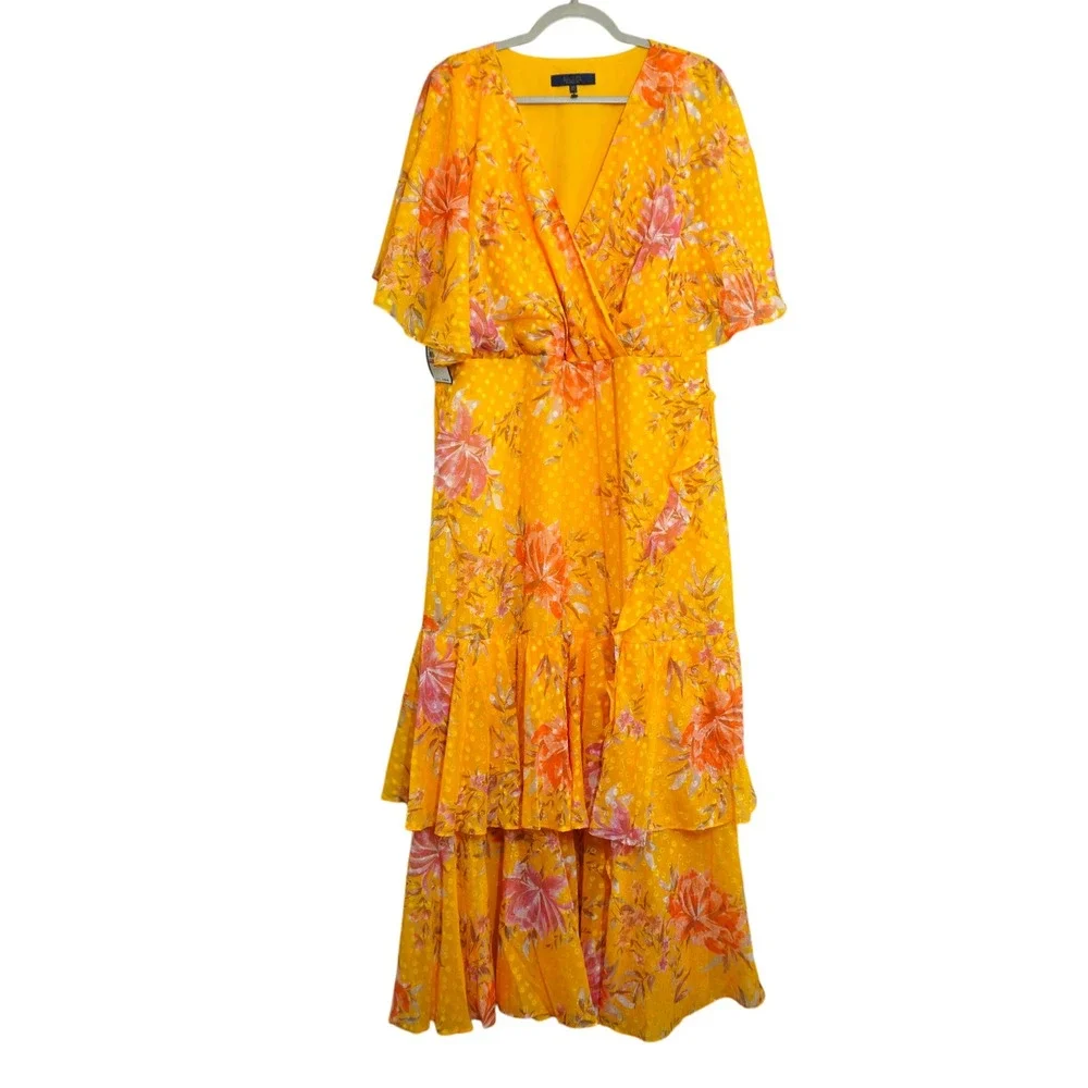 rachel yellow dress COMEY - V-NECK RUFFLE MIDI Size 2(inches) Rachel Rachel Roy Cape-Back Floral-Print